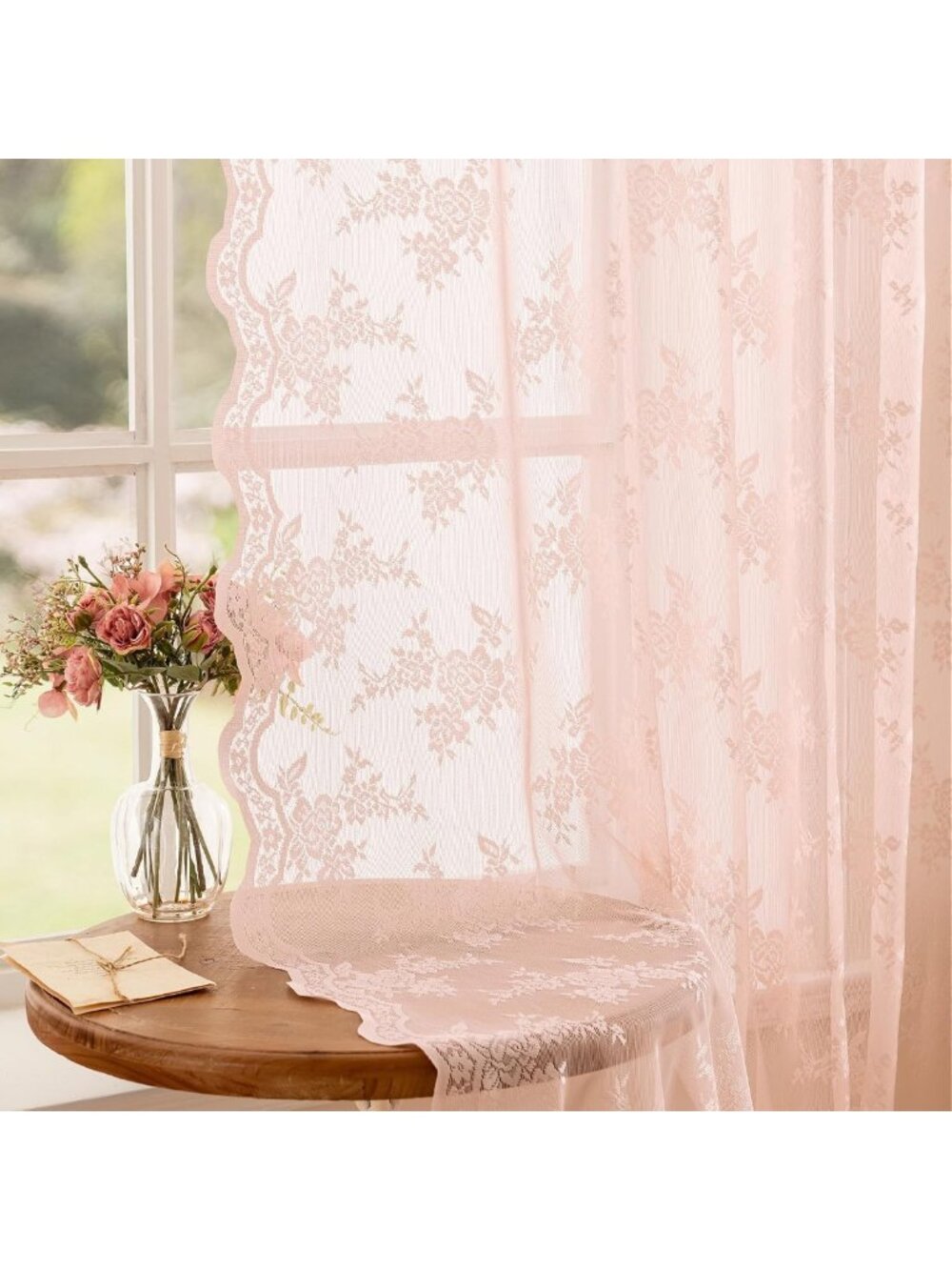 Sheer Pink Lace Curtains 63" Length - Perfect for Girls' Room Decor, Light
